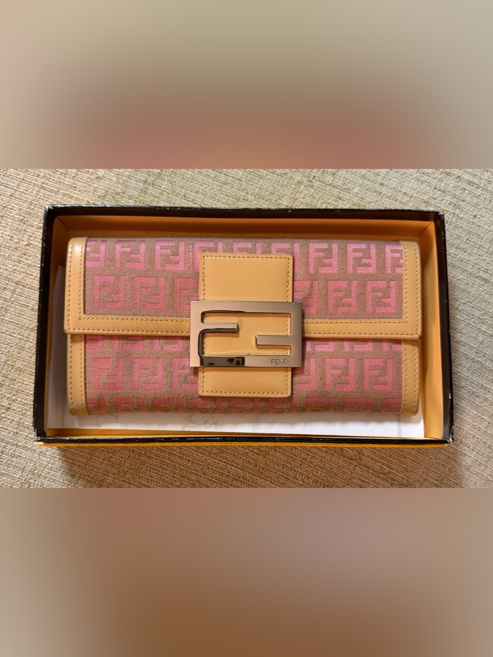 IN BOX Fendi Pink and Tan Zucchino FF Canvas Long Wallet Clutch